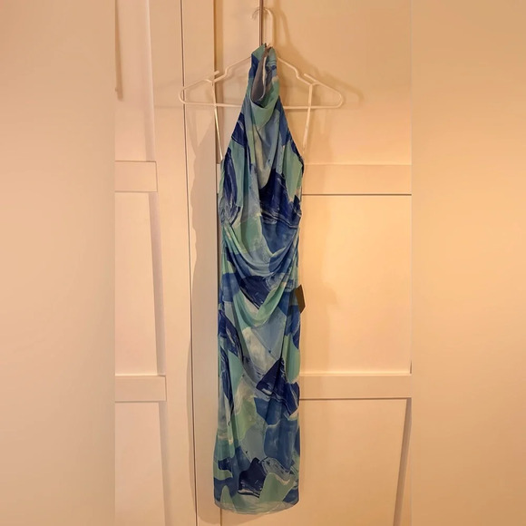 Lulus - Idyllic in Ibiza Blue Abstract Print Mock Neck Halter Midi Dress - Picture 1 of 2